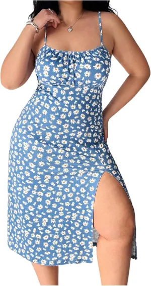 Floerns Women's Plus Size Floral Bodycon Dresses Spaghetti Strap Ruched Bust Slit Midi Dress