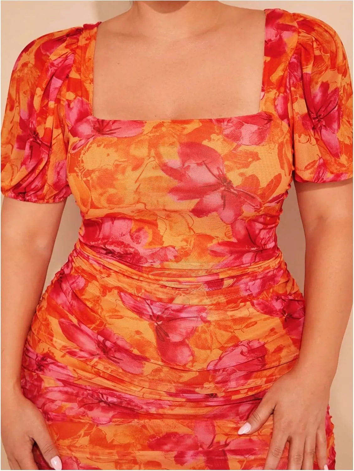 Floerns Women's Plus Size Floral Puff Sleeve Bodycon Dresses Ruched Square Neck Midi Dresses