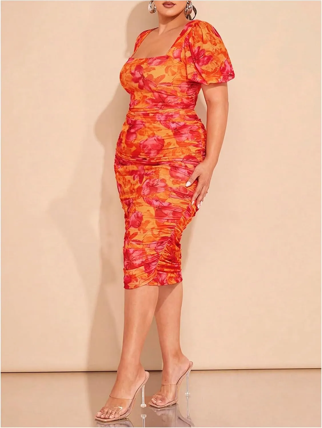 Floerns Women's Plus Size Floral Puff Sleeve Bodycon Dresses Ruched Square Neck Midi Dresses