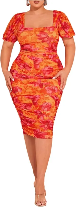 Floerns Women's Plus Size Floral Puff Sleeve Bodycon Dresses Ruched Square Neck Midi Dresses