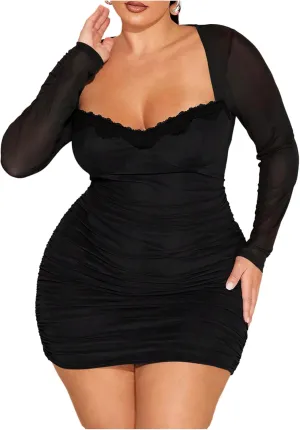 Floerns Women's Plus Size Sweetheart Neck Mini Dress Lace Trim Bodycon Dresses