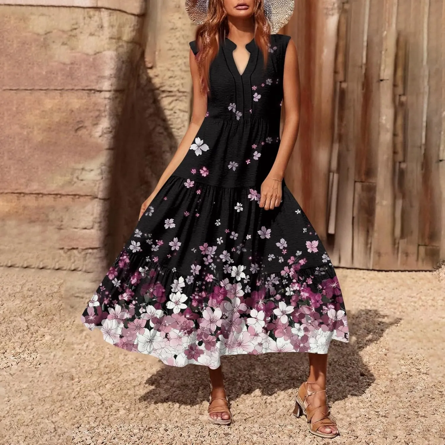 Floral Maxi Dresses for Women 2025 Sleeveless V Neck Tank Tiered Ruffle Dress Loose Summer Flowy Vacation Long Sundress