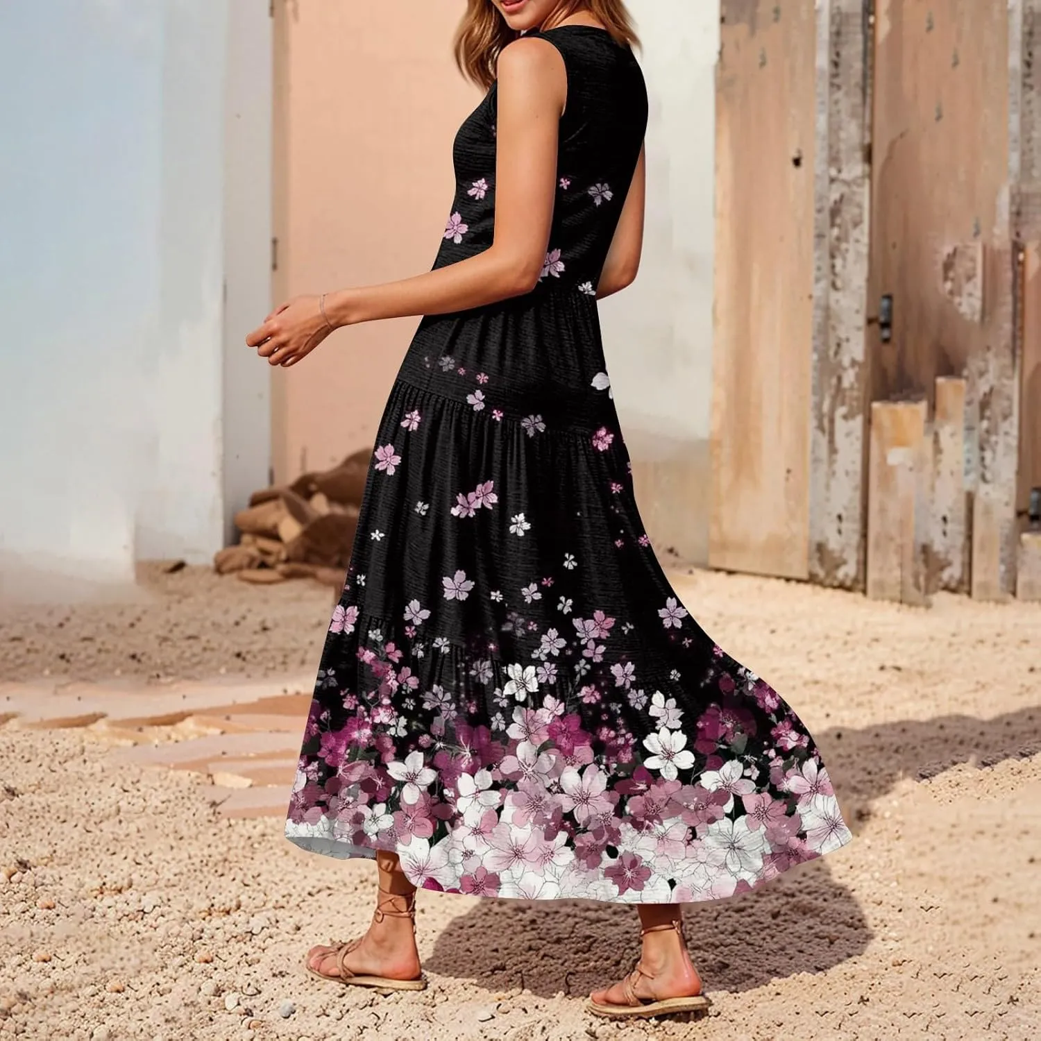 Floral Maxi Dresses for Women 2025 Sleeveless V Neck Tank Tiered Ruffle Dress Loose Summer Flowy Vacation Long Sundress