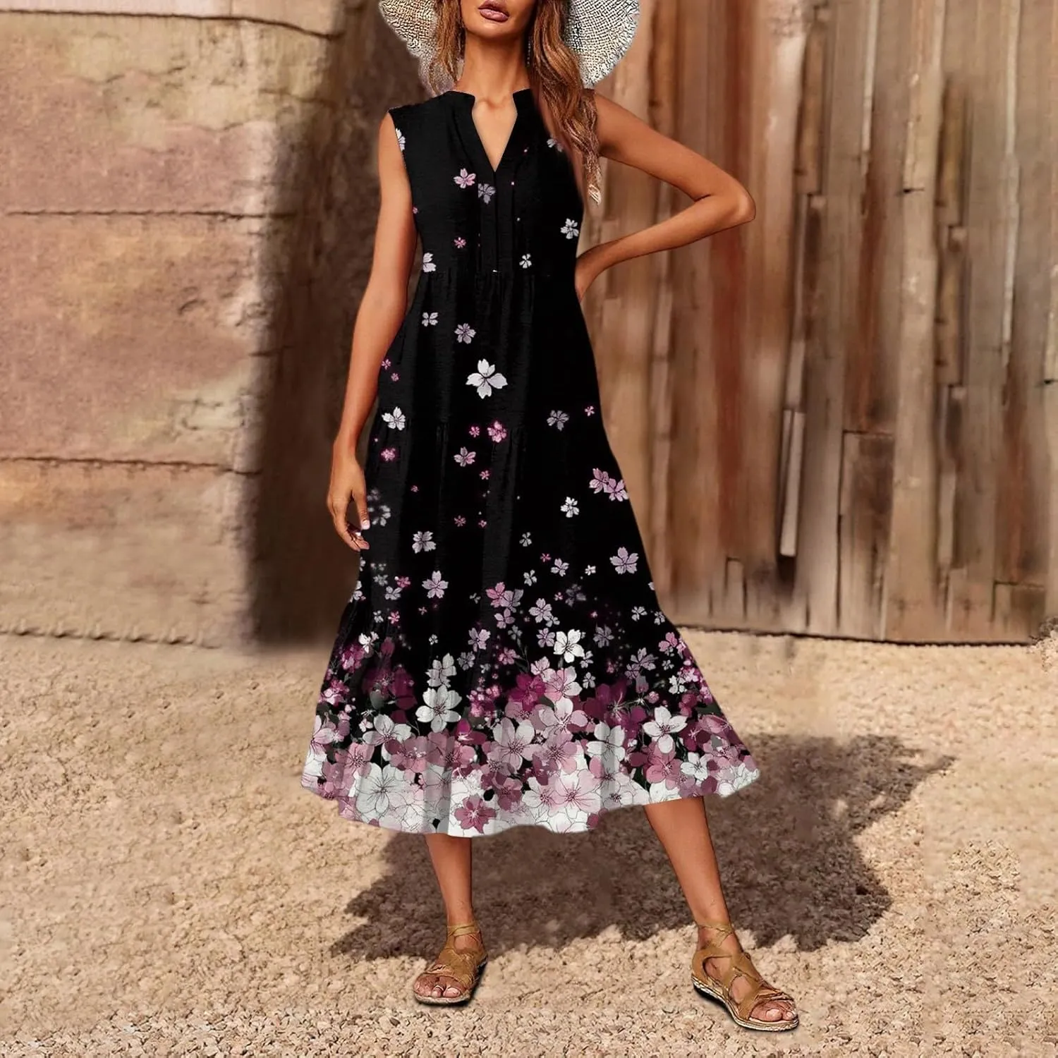 Floral Maxi Dresses for Women 2025 Sleeveless V Neck Tank Tiered Ruffle Dress Loose Summer Flowy Vacation Long Sundress