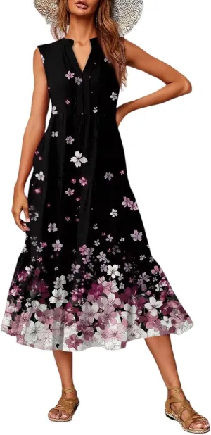 Floral Maxi Dresses for Women 2025 Sleeveless V Neck Tank Tiered Ruffle Dress Loose Summer Flowy Vacation Long Sundress