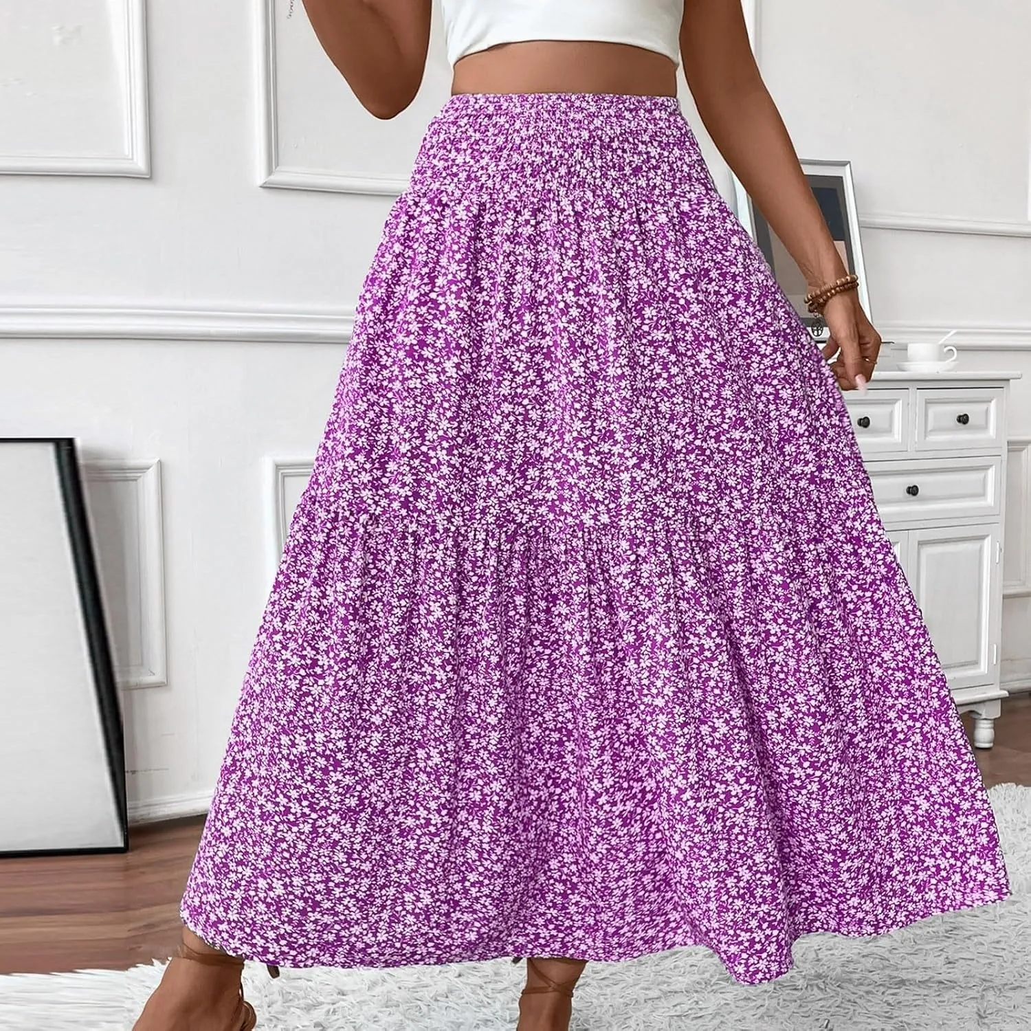 Floral Maxi Skirt for Women High Elastic Waisted Ruffle Skirts A-Line Flowy Swing Boho Long Skirts Summer Beach Vacation