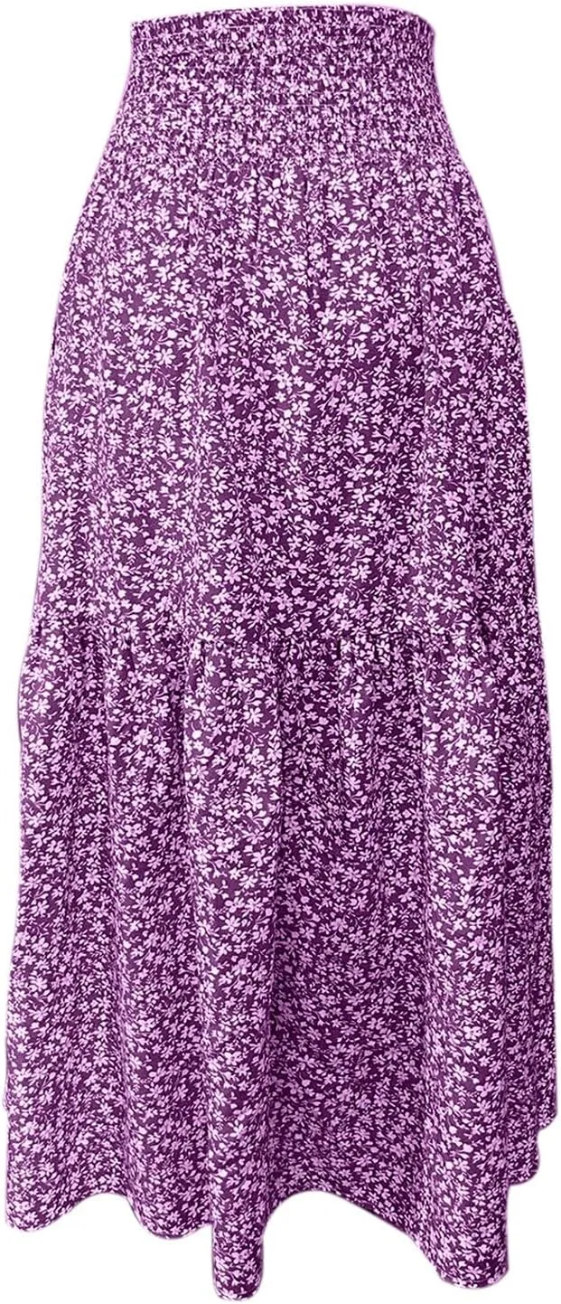 Floral Maxi Skirt for Women High Elastic Waisted Ruffle Skirts A-Line Flowy Swing Boho Long Skirts Summer Beach Vacation