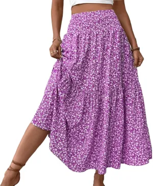Floral Maxi Skirt for Women High Elastic Waisted Ruffle Skirts A-Line Flowy Swing Boho Long Skirts Summer Beach Vacation