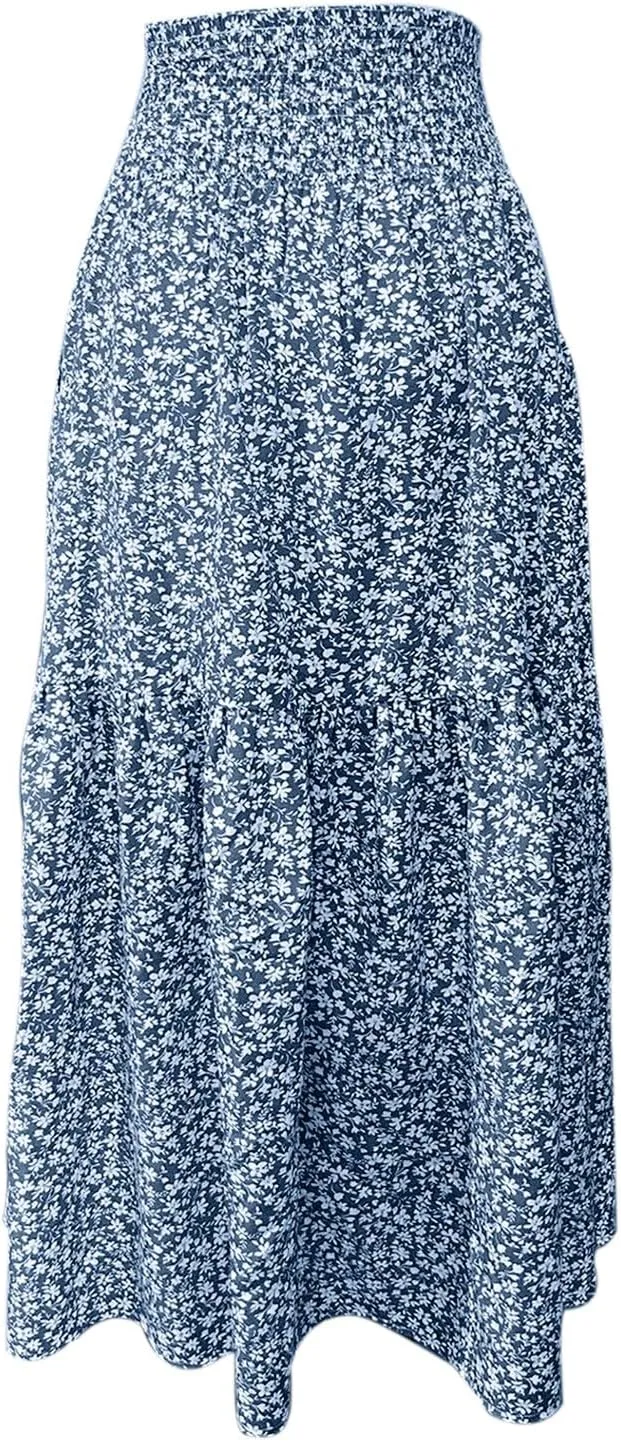 Floral Maxi Skirt for Women High Elastic Waisted Ruffle Skirts A-Line Flowy Swing Boho Long Skirts Summer Beach Vacation