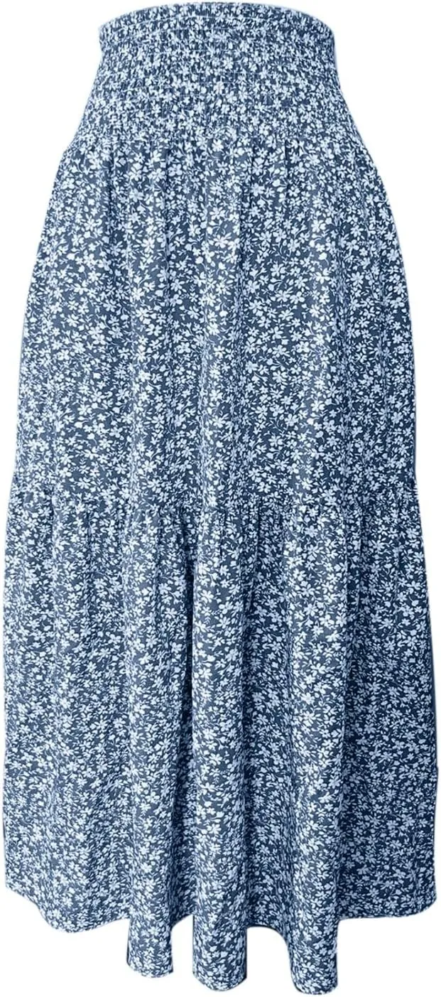 Floral Maxi Skirt for Women High Elastic Waisted Ruffle Skirts A-Line Flowy Swing Boho Long Skirts Summer Beach Vacation