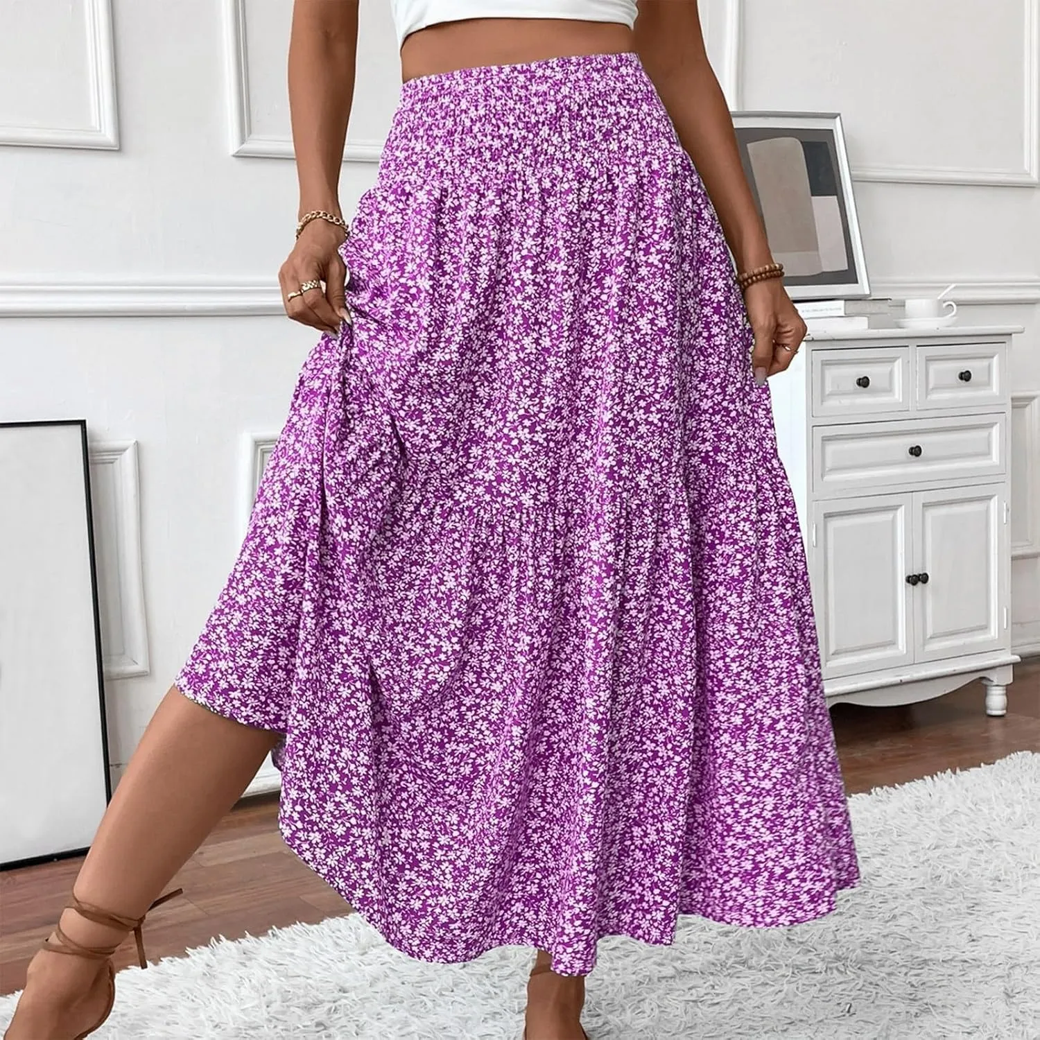 Floral Maxi Skirt for Women High Elastic Waisted Ruffle Skirts A-Line Flowy Swing Boho Long Skirts Summer Beach Vacation