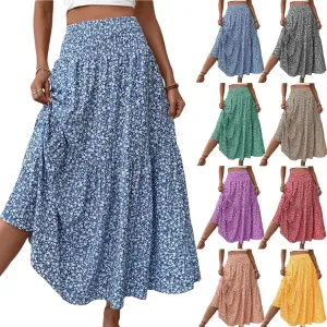 Floral Maxi Skirt for Women High Elastic Waisted Ruffle Skirts A-Line Flowy Swing Boho Long Skirts Summer Beach Vacation