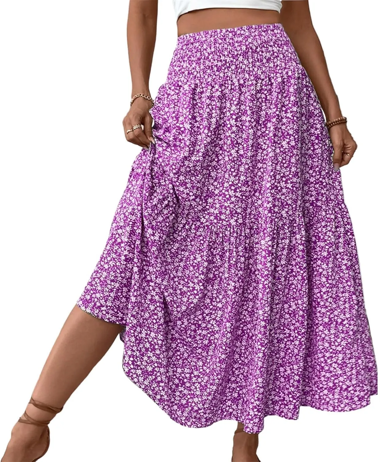 Floral Maxi Skirt for Women High Elastic Waisted Ruffle Skirts A-Line Flowy Swing Boho Long Skirts Summer Beach Vacation