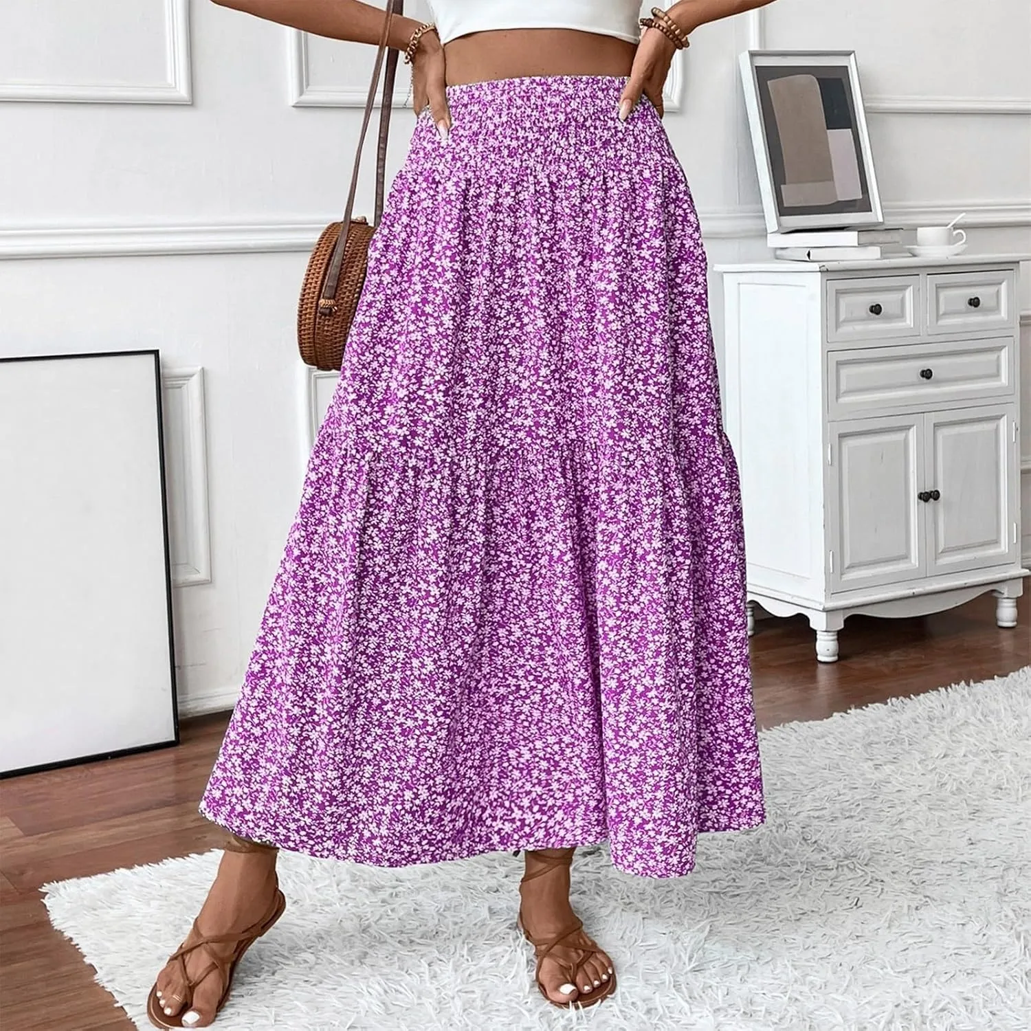 Floral Maxi Skirt for Women High Elastic Waisted Ruffle Skirts A-Line Flowy Swing Boho Long Skirts Summer Beach Vacation
