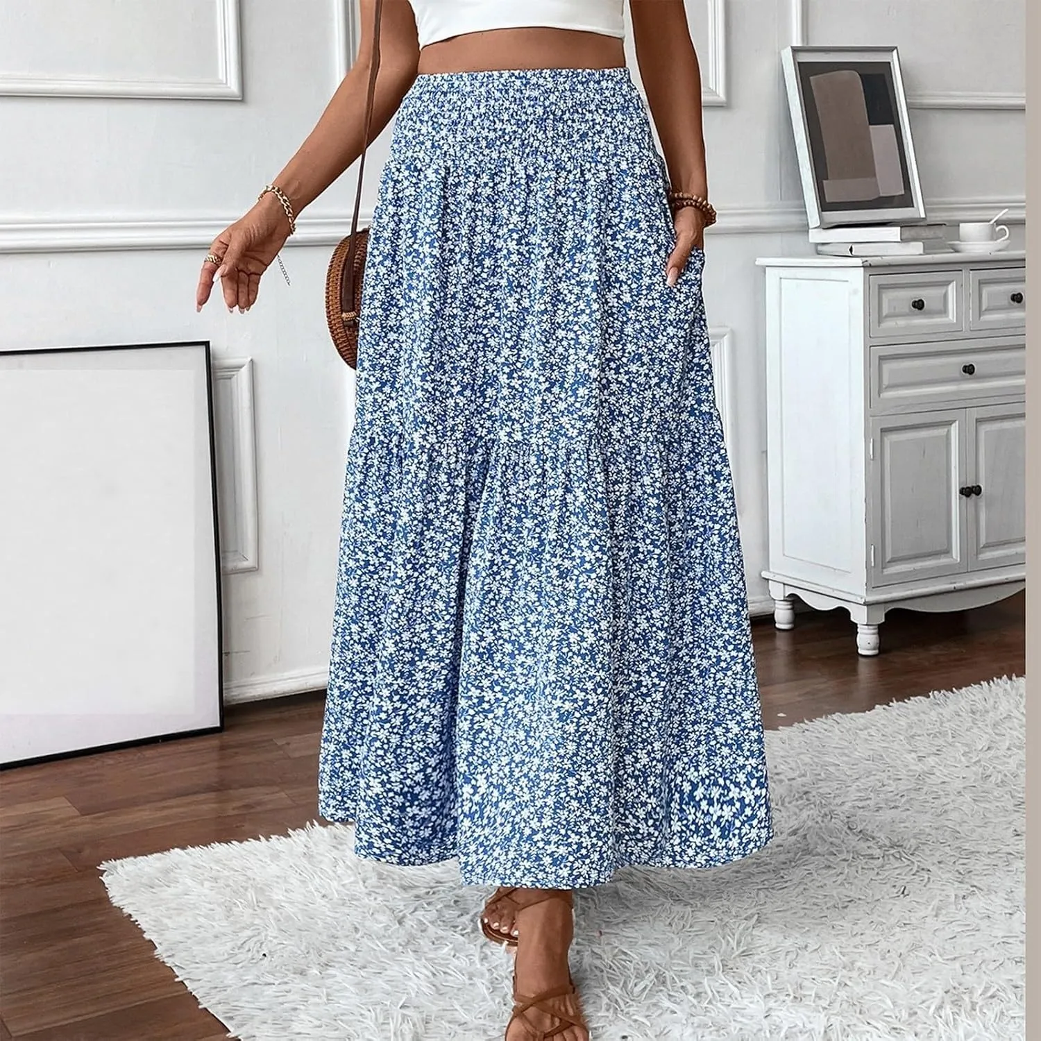 Floral Maxi Skirt for Women High Elastic Waisted Ruffle Skirts A-Line Flowy Swing Boho Long Skirts Summer Beach Vacation
