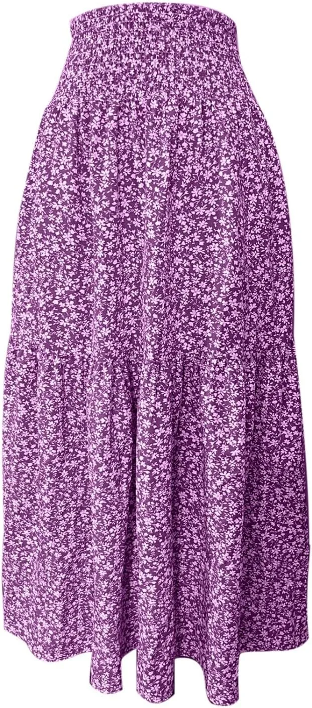 Floral Maxi Skirt for Women High Elastic Waisted Ruffle Skirts A-Line Flowy Swing Boho Long Skirts Summer Beach Vacation