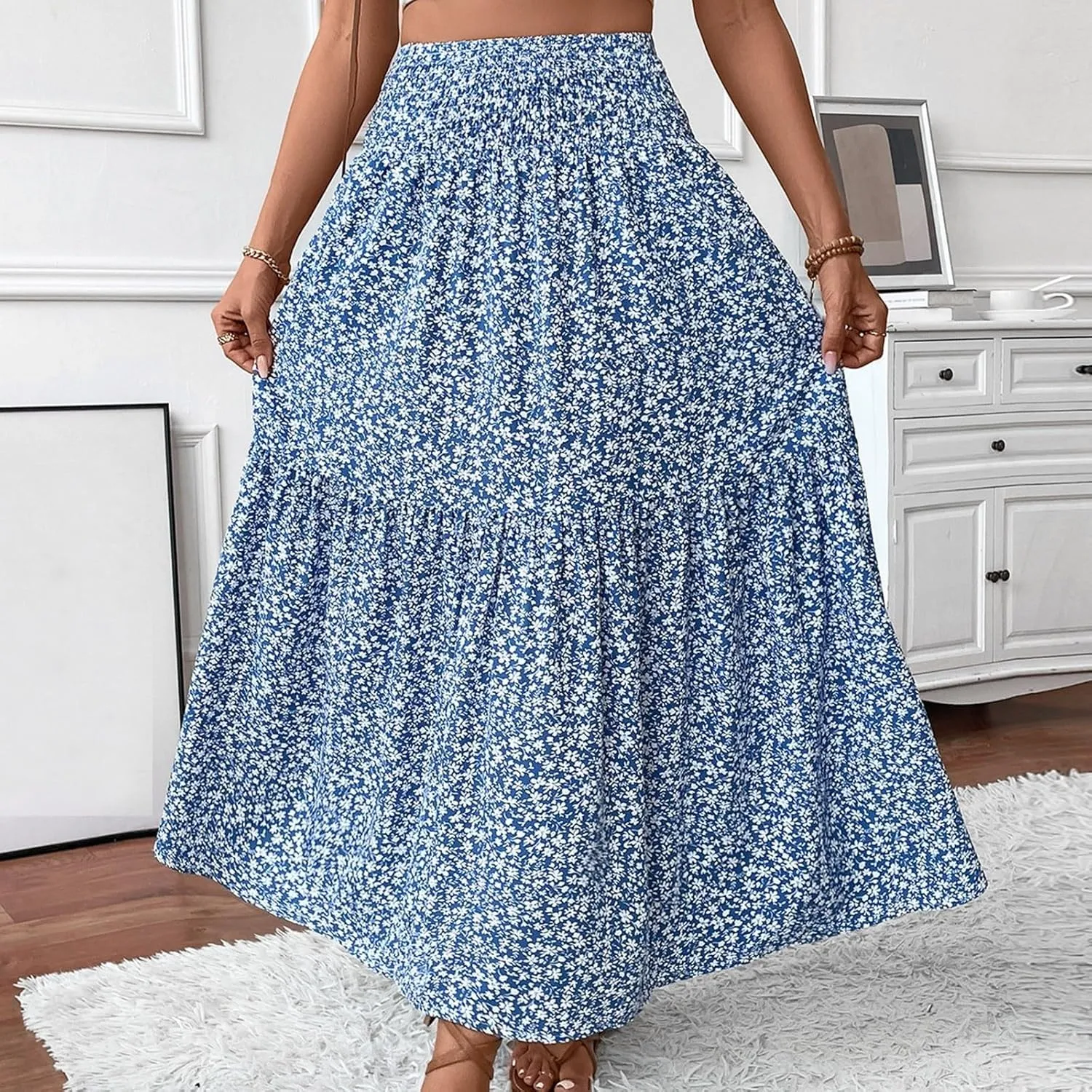 Floral Maxi Skirt for Women High Elastic Waisted Ruffle Skirts A-Line Flowy Swing Boho Long Skirts Summer Beach Vacation