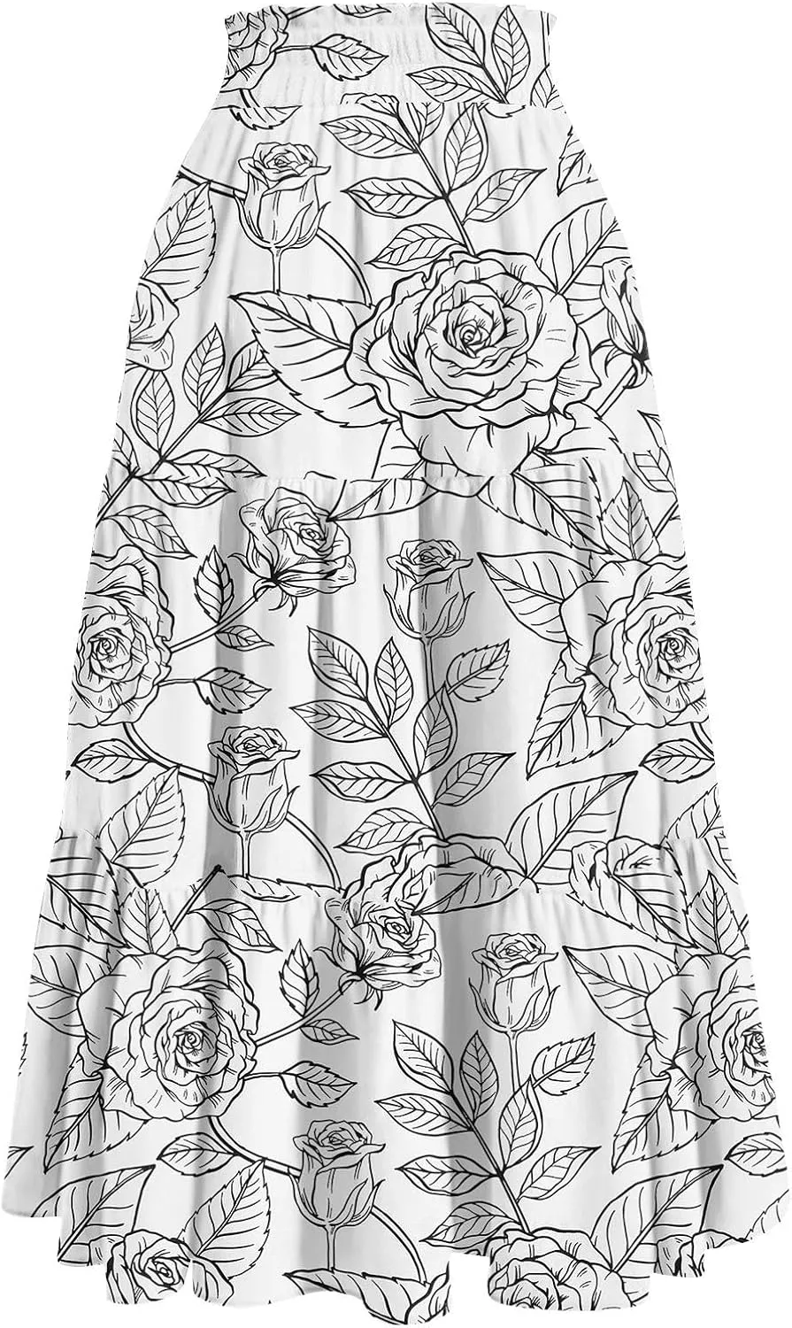 Floral Skirts for Women 2025 Summer High Waist Tiered Pleated Flowy Tiered A-Line Boho Long Maxi Skirts