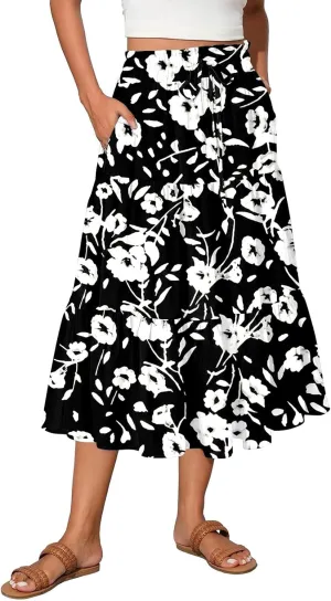 Floral Skirts for Women Trendy Knee Length High Waisted Boho Midi Skirts Cute Tiered Aline Flowy Skirt with Pockets