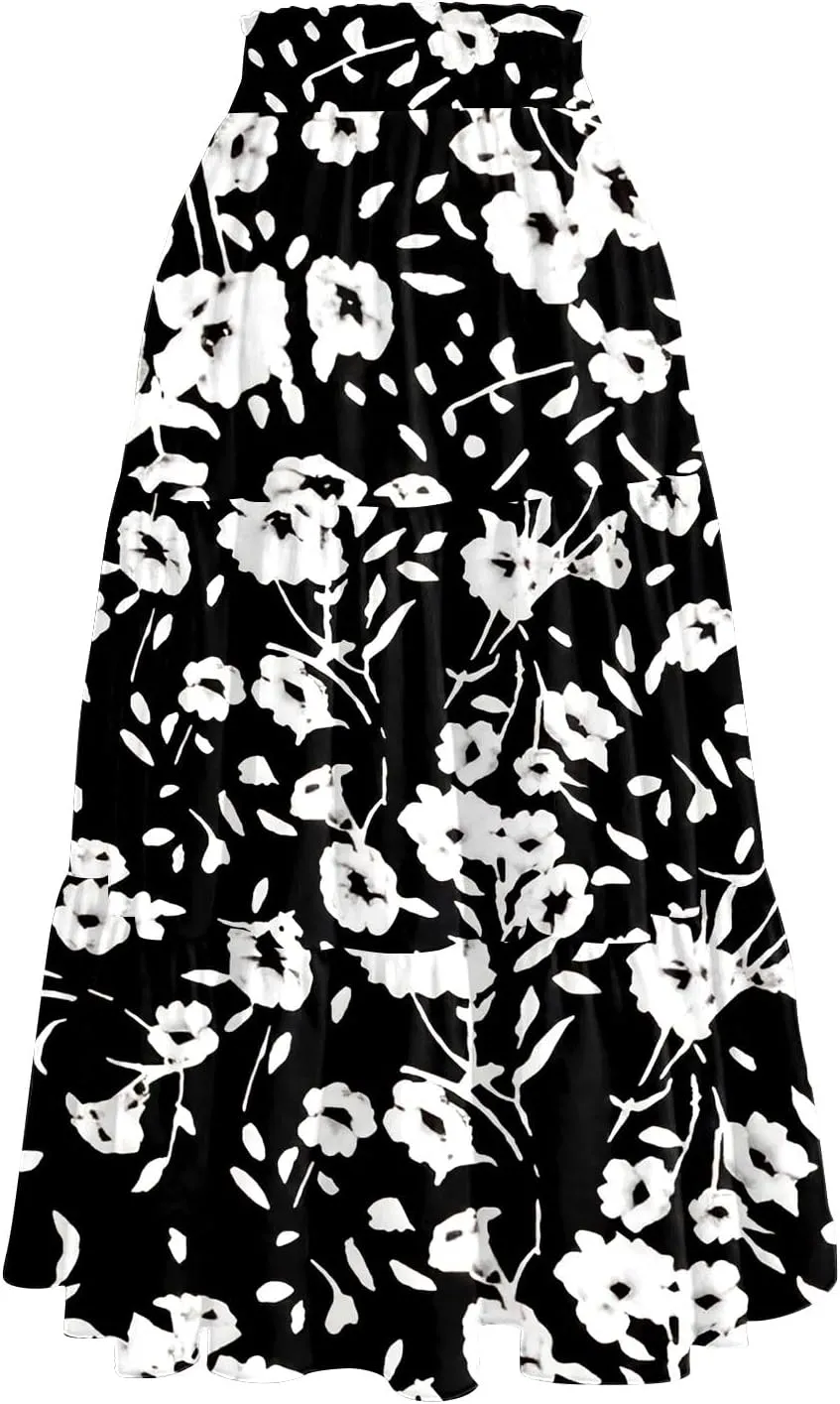 Floral Skirts for Women Trendy Knee Length High Waisted Boho Midi Skirts Cute Tiered Aline Flowy Skirt with Pockets