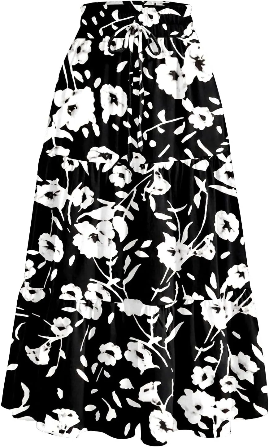 Floral Skirts for Women Trendy Knee Length High Waisted Boho Midi Skirts Cute Tiered Aline Flowy Skirt with Pockets