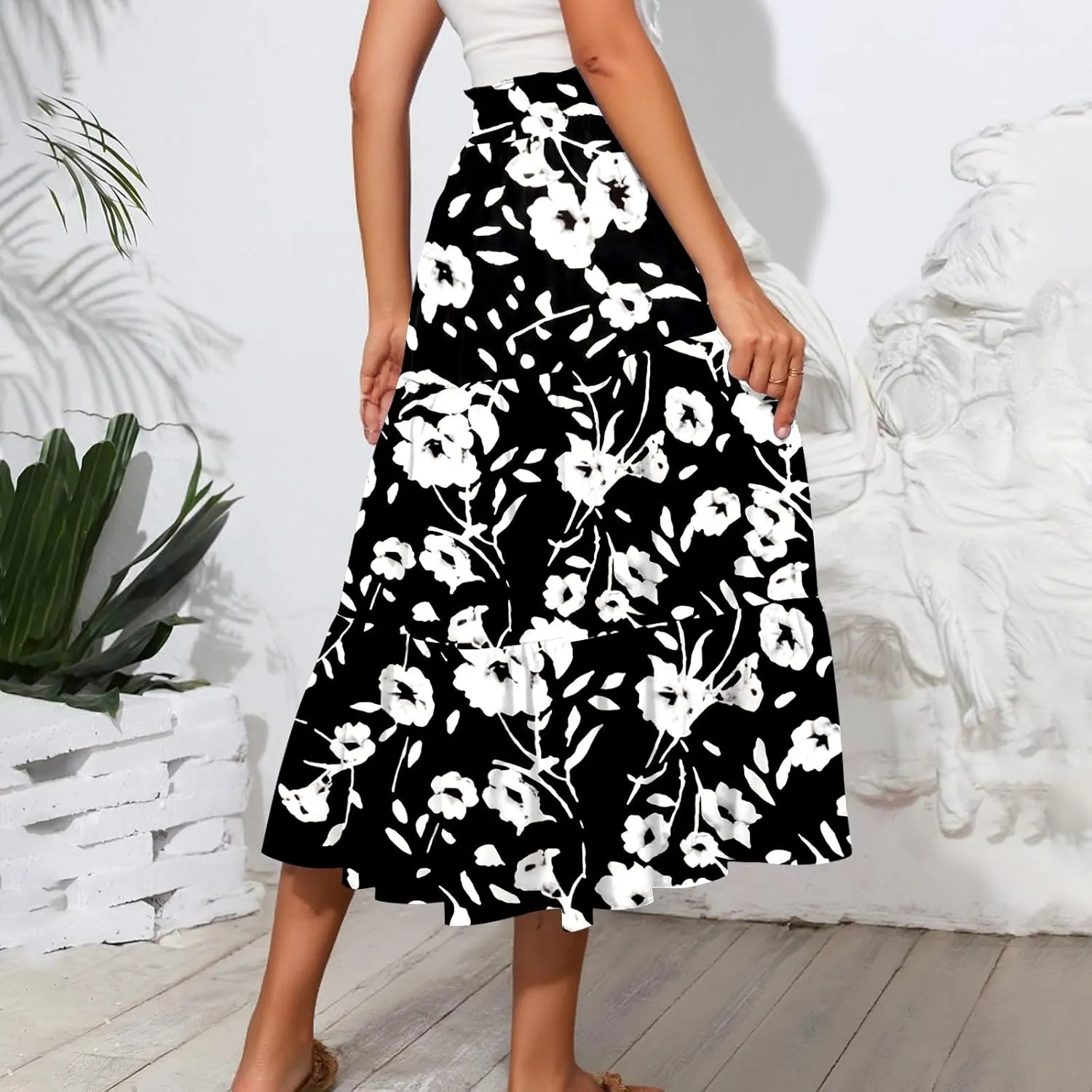 Floral Skirts for Women Trendy Knee Length High Waisted Boho Midi Skirts Cute Tiered Aline Flowy Skirt with Pockets