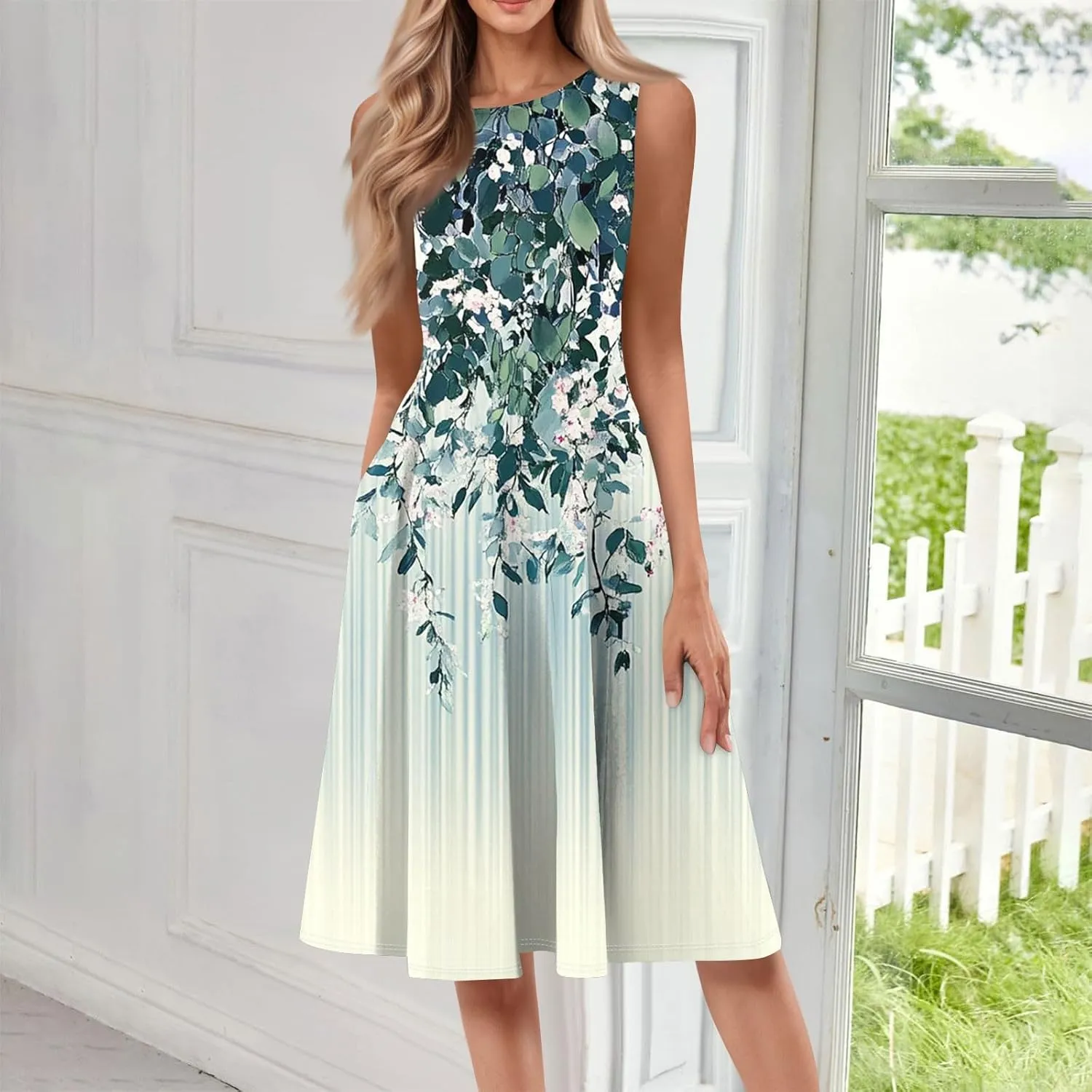 Floral Summer Midi Dresses for Women Boho Sundresses for Beach Vacation Wedding Guest Cocktail Tank Dress with Pockets
