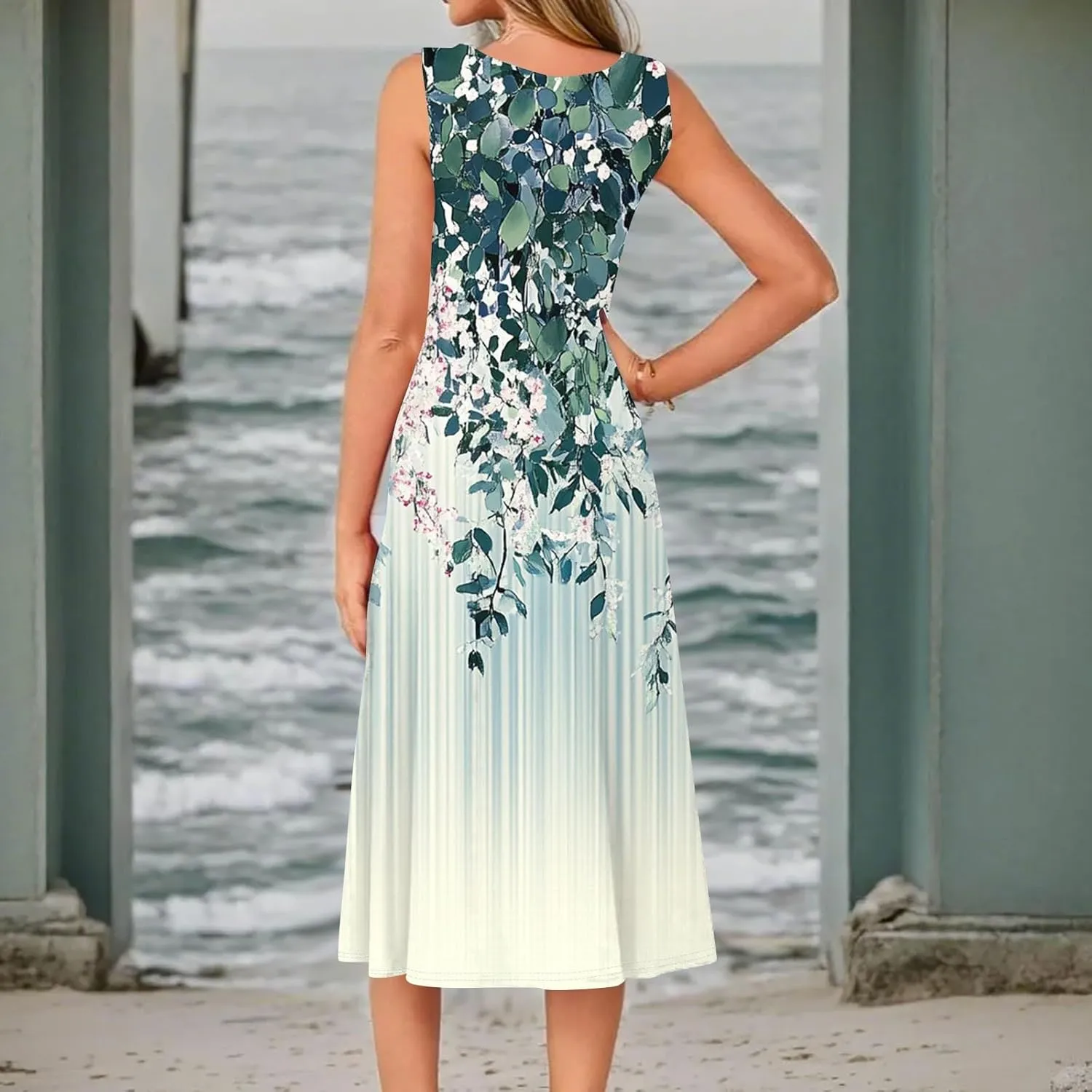 Floral Summer Midi Dresses for Women Boho Sundresses for Beach Vacation Wedding Guest Cocktail Tank Dress with Pockets