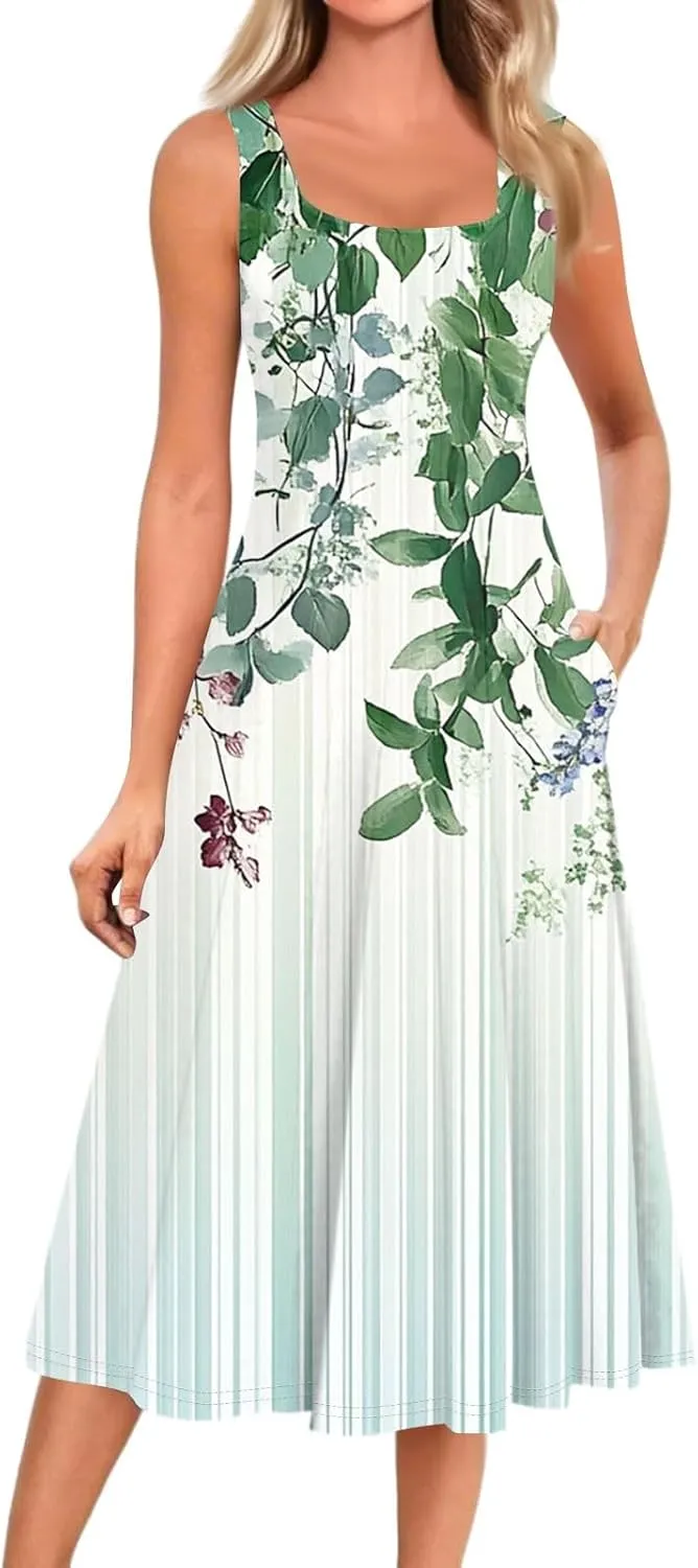 Floral Summer Midi Dresses for Women Boho Sundresses for Beach Vacation Wedding Guest Cocktail Tank Dress with Pockets