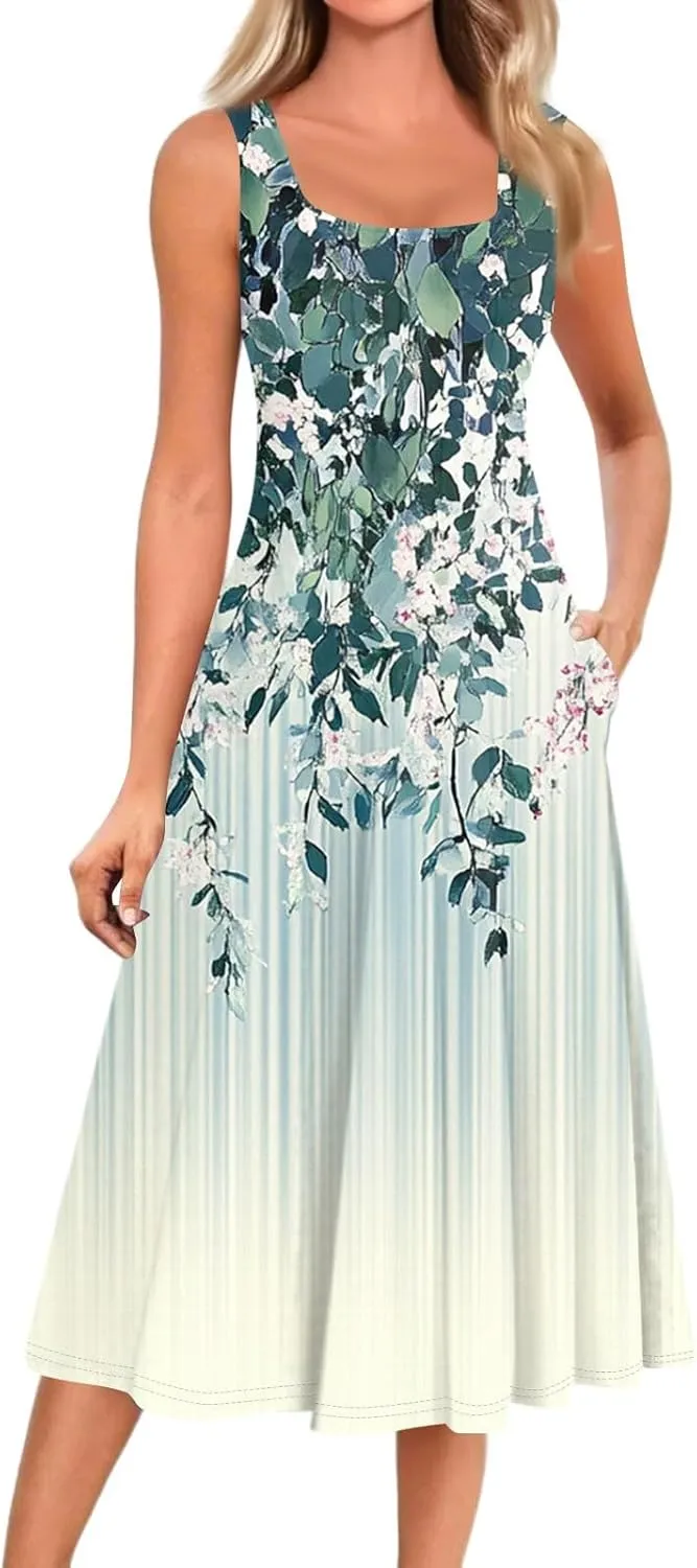 Floral Summer Midi Dresses for Women Boho Sundresses for Beach Vacation Wedding Guest Cocktail Tank Dress with Pockets