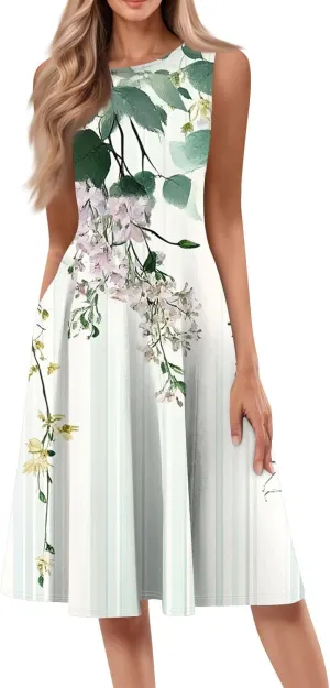 Floral Summer Midi Dresses for Women Boho Sundresses for Beach Vacation Wedding Guest Cocktail Tank Dress with Pockets
