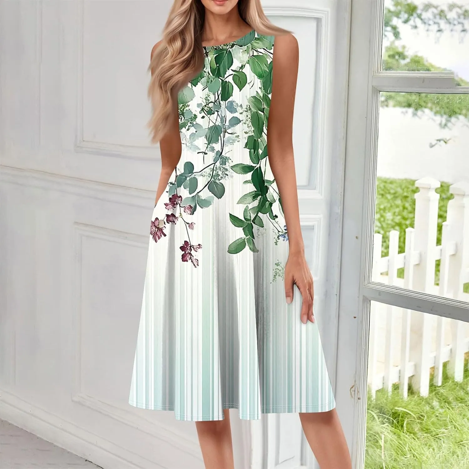 Floral Summer Midi Dresses for Women Boho Sundresses for Beach Vacation Wedding Guest Cocktail Tank Dress with Pockets