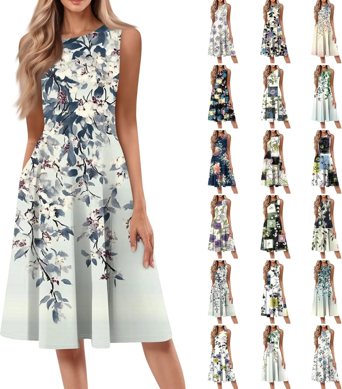 Floral Summer Midi Dresses for Women Boho Sundresses for Beach Vacation Wedding Guest Cocktail Tank Dress with Pockets