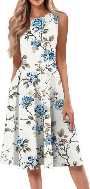Floral Summer Midi Dresses for Women Boho Sundresses for Beach Vacation Wedding Guest Cocktail Tank Dress with Pockets