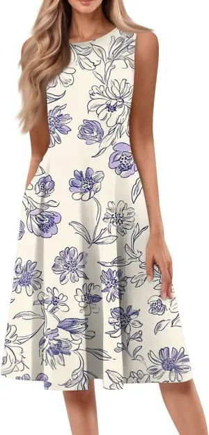 Floral Summer Midi Dresses for Women Boho Sundresses for Beach Vacation Wedding Guest Cocktail Tank Dress with Pockets