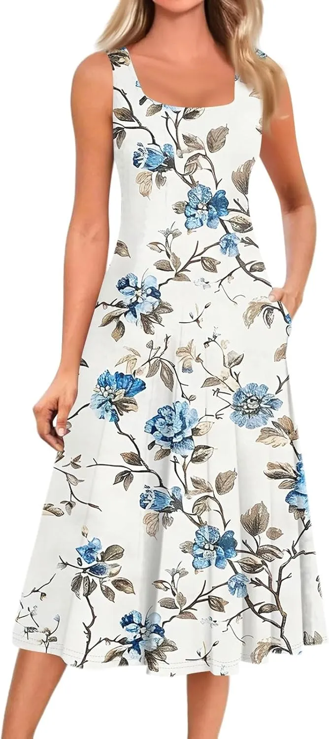 Floral Summer Midi Dresses for Women Boho Sundresses for Beach Vacation Wedding Guest Cocktail Tank Dress with Pockets