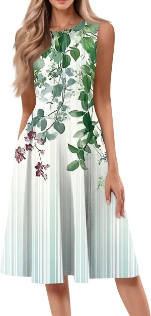 Floral Summer Midi Dresses for Women Boho Sundresses for Beach Vacation Wedding Guest Cocktail Tank Dress with Pockets