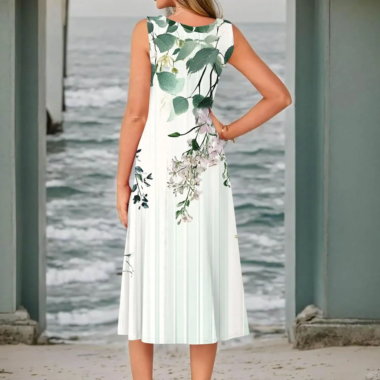 Floral Summer Midi Dresses for Women Boho Sundresses for Beach Vacation Wedding Guest Cocktail Tank Dress with Pockets