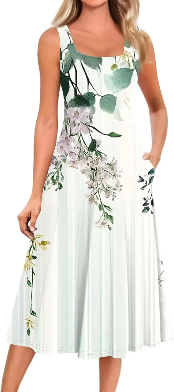 Floral Summer Midi Dresses for Women Boho Sundresses for Beach Vacation Wedding Guest Cocktail Tank Dress with Pockets