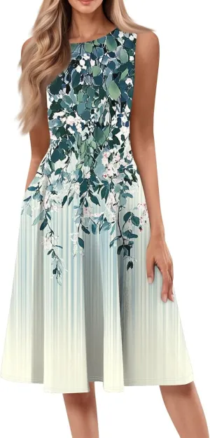 Floral Summer Midi Dresses for Women Boho Sundresses for Beach Vacation Wedding Guest Cocktail Tank Dress with Pockets