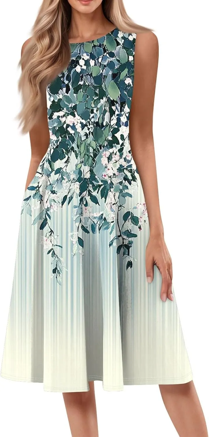 Floral Summer Midi Dresses for Women Boho Sundresses for Beach Vacation Wedding Guest Cocktail Tank Dress with Pockets