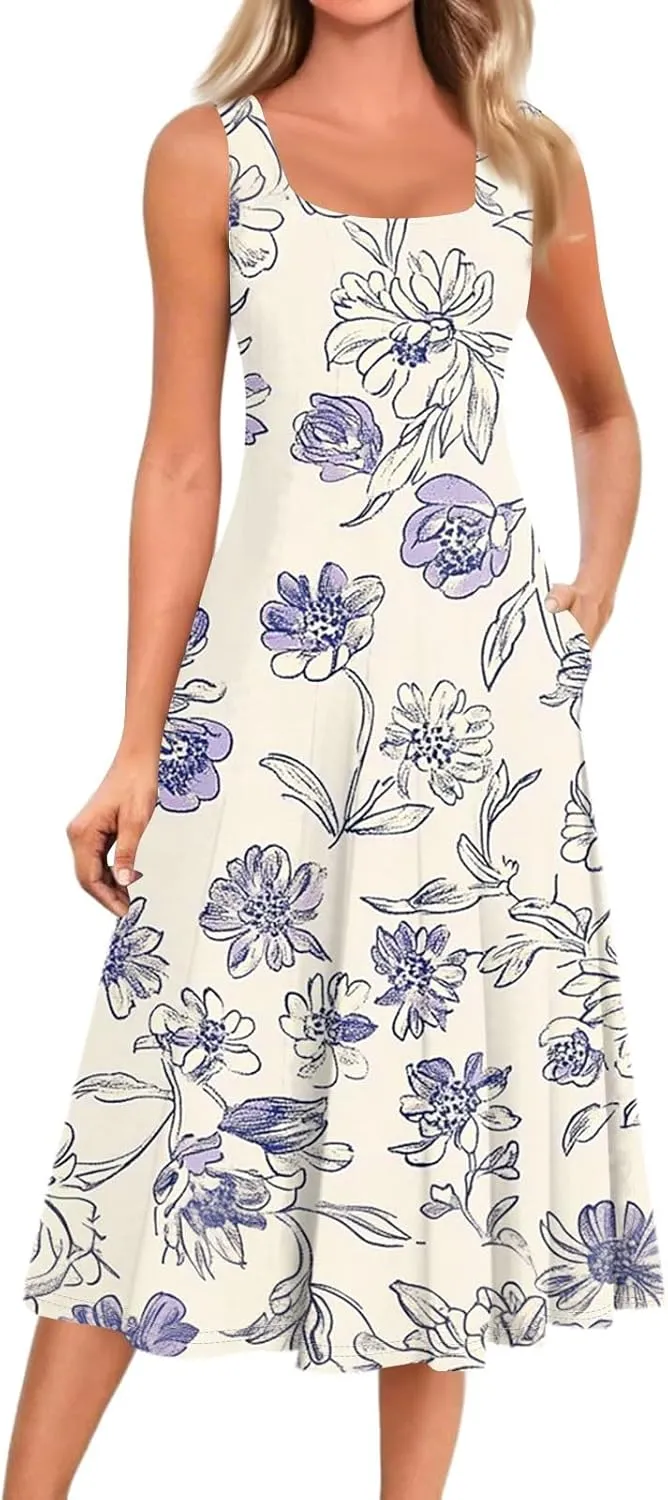 Floral Summer Midi Dresses for Women Boho Sundresses for Beach Vacation Wedding Guest Cocktail Tank Dress with Pockets