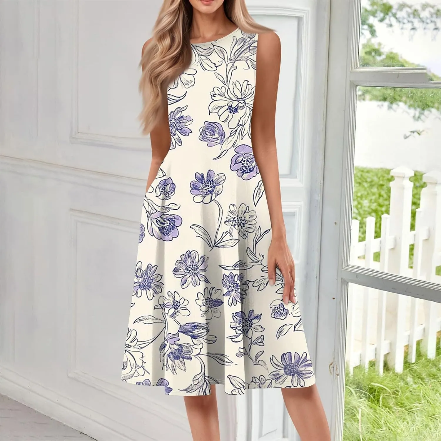 Floral Summer Midi Dresses for Women Boho Sundresses for Beach Vacation Wedding Guest Cocktail Tank Dress with Pockets