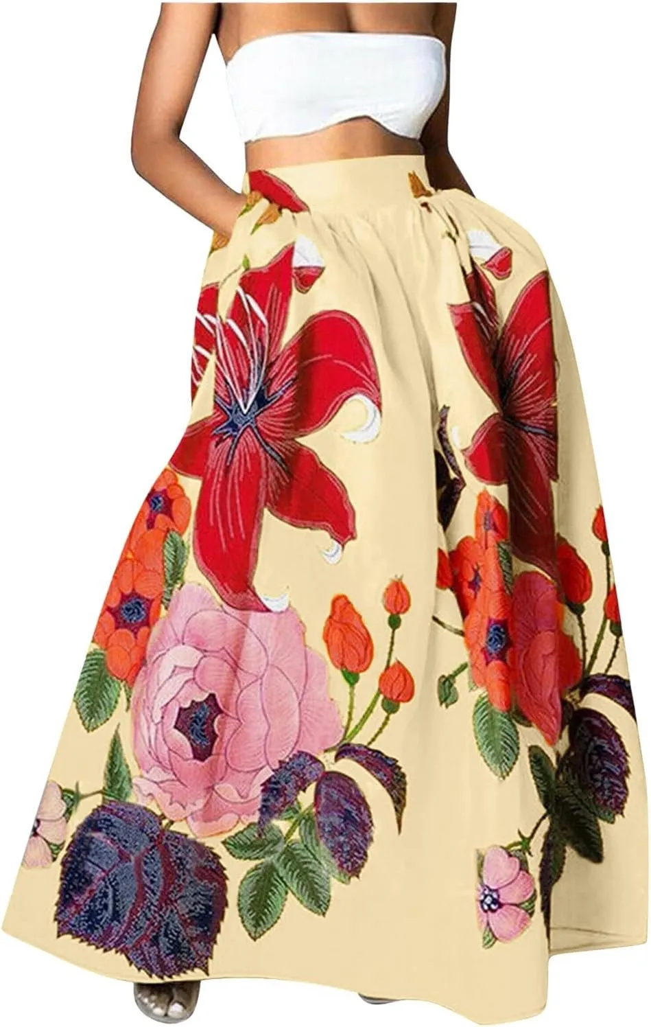 Flowy Boho Floral Printed Maxi Skirt for Women High Waisted A Line Long Skirts with Pockets Plus Size Swing Beach Dress