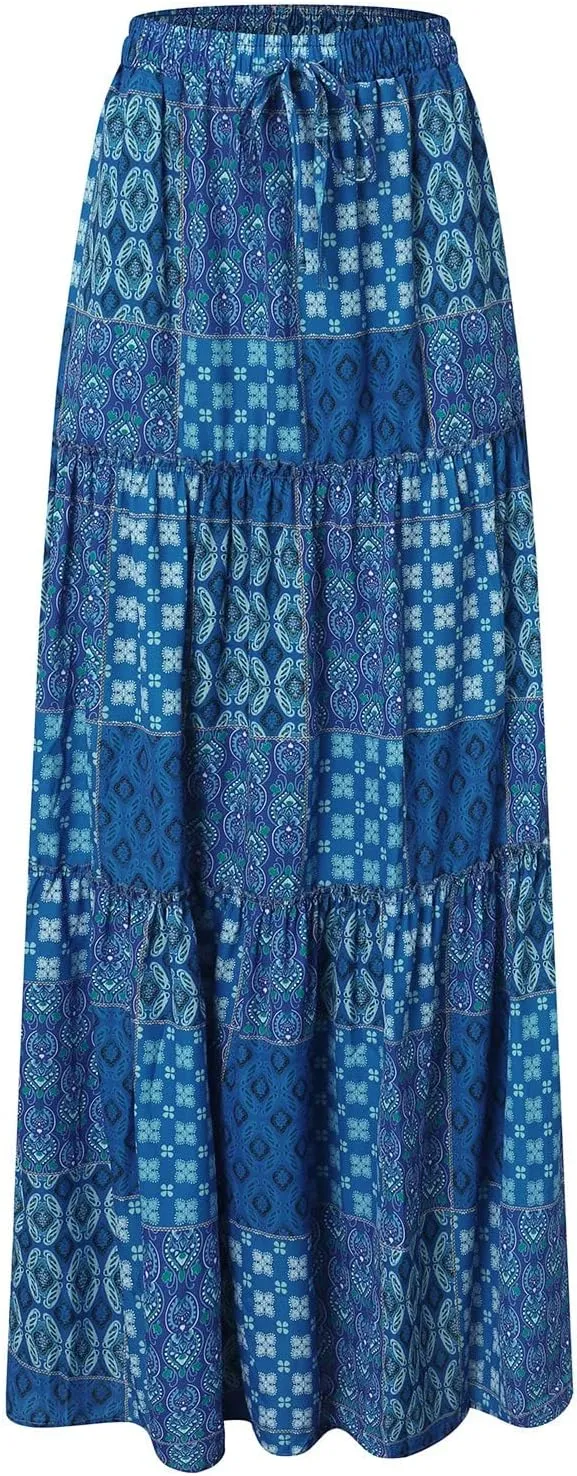 Flowy Long Maxi Skirts for Women Boho Floral Elastic High Waisted Tiered Pleated Summer Casual Beach Skirt