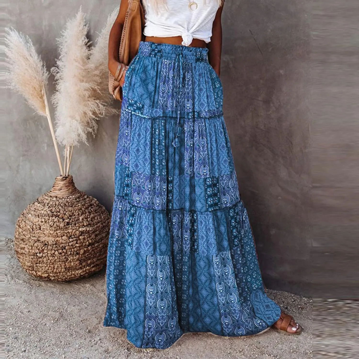Flowy Long Maxi Skirts for Women Boho Floral Elastic High Waisted Tiered Pleated Summer Casual Beach Skirt