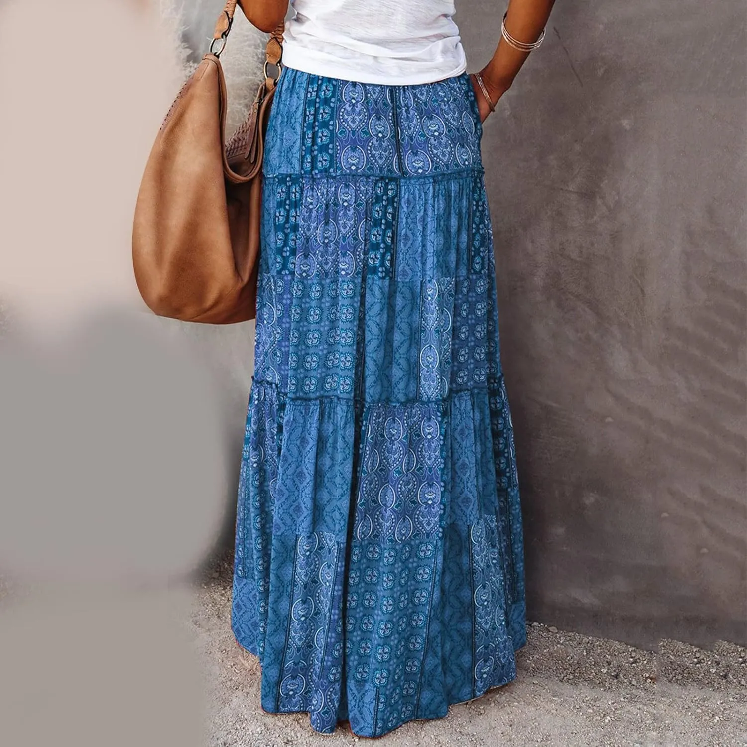 Flowy Long Maxi Skirts for Women Boho Floral Elastic High Waisted Tiered Pleated Summer Casual Beach Skirt