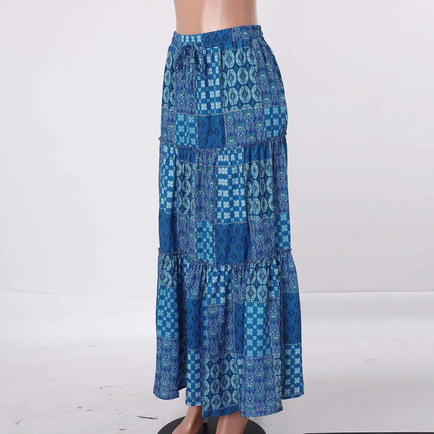 Flowy Long Maxi Skirts for Women Boho Floral Elastic High Waisted Tiered Pleated Summer Casual Beach Skirt