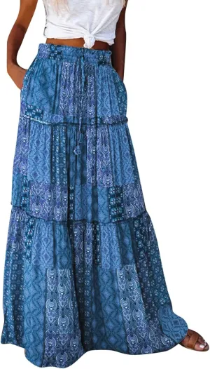 Flowy Long Maxi Skirts for Women Boho Floral Elastic High Waisted Tiered Pleated Summer Casual Beach Skirt