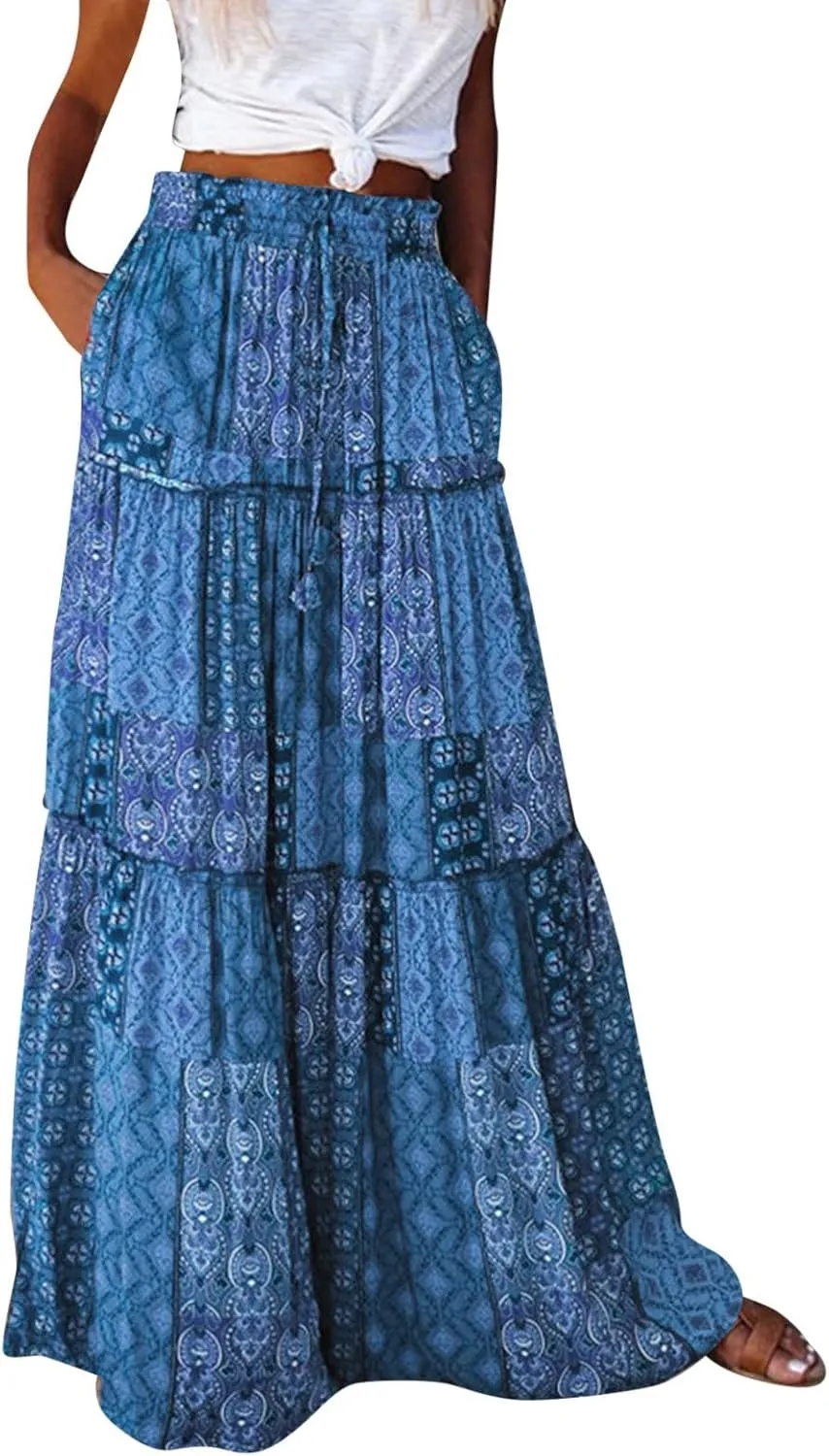Flowy Long Maxi Skirts for Women Boho Floral Elastic High Waisted Tiered Pleated Summer Casual Beach Skirt